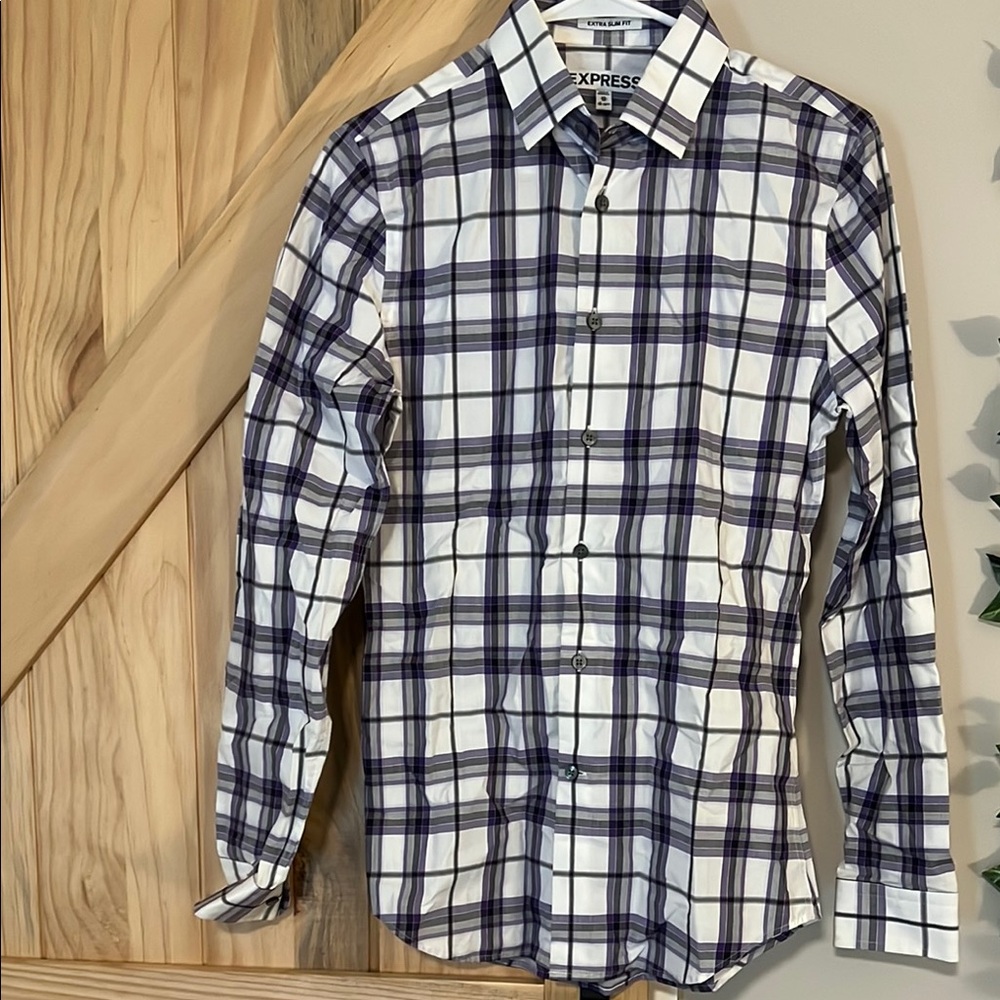 Express Men's Purple Plaid Shirt Extra Slim Fit